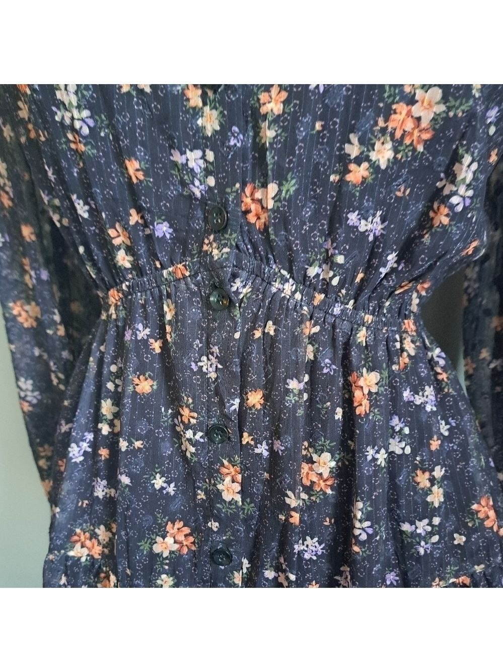 Tiny floral tiered MAXI  dress long sleeves ruffle cuff button up Shabby Aakaa S - Picture 10 of 12